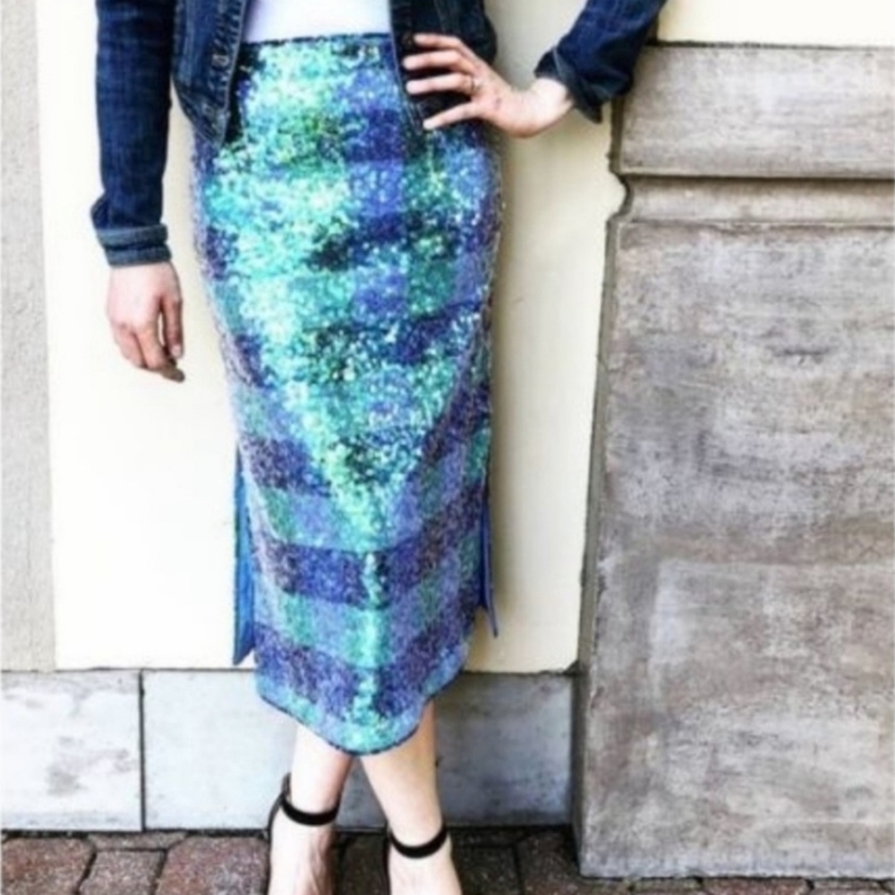 Maeve Brix Sequined Palette Straight Pencil Side Slit Skirt